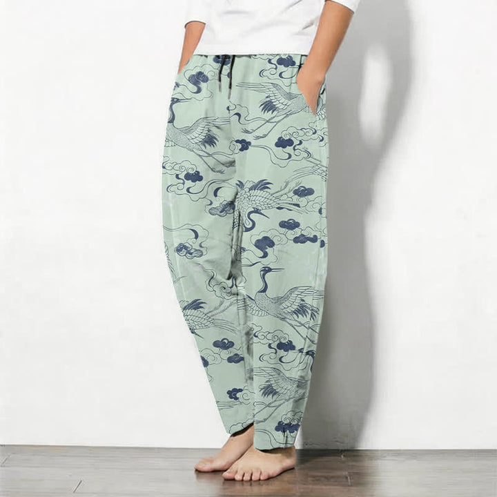 Buddha Stones Herrenhose aus reiner Baumwolle mit Kranich- und Wolkenmuster, Kordelzug, schmal zulaufendem Schnitt und Taschen - image 12