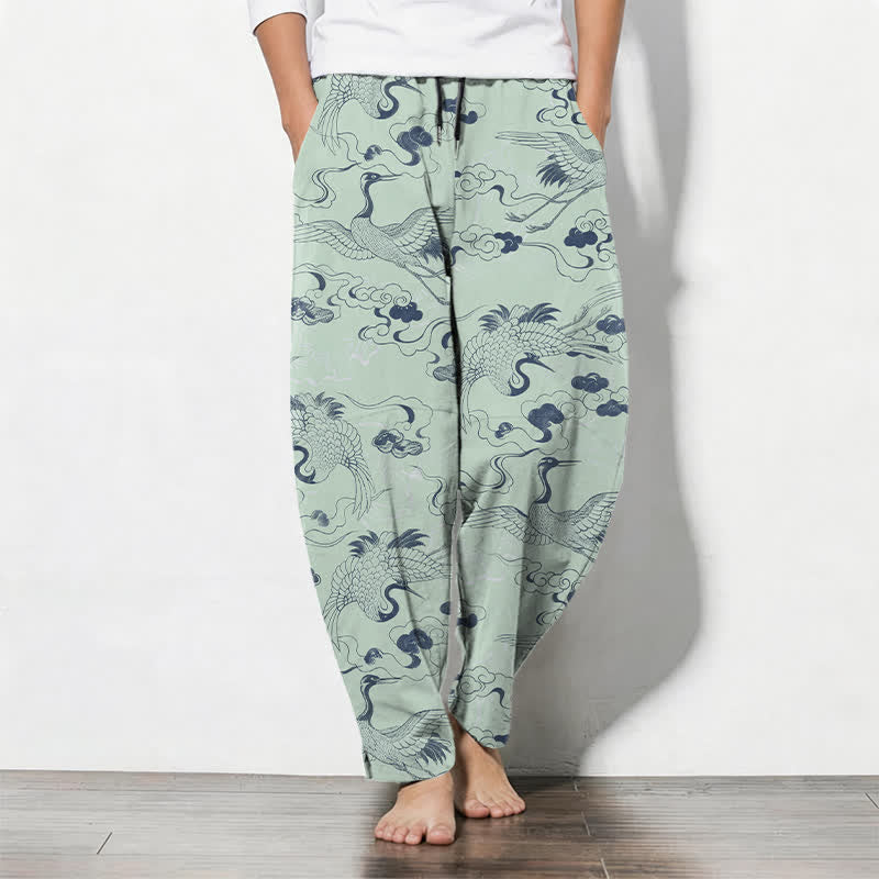 Buddha Stones Herrenhose aus reiner Baumwolle mit Kranich- und Wolkenmuster, Kordelzug, schmal zulaufendem Schnitt und Taschen - Hellgrün - US/ UK/AU50, EU60 (5XL) - image 11