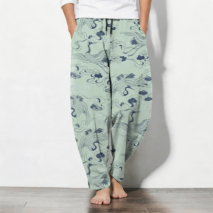 Buddha Stones Herrenhose aus reiner Baumwolle mit Kranich- und Wolkenmuster, Kordelzug, schmal zulaufendem Schnitt und Taschen - Hellgrün - US/ UK/AU50, EU60 (5XL) - image 11