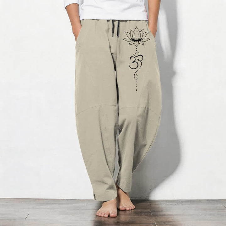 Buddha Stones Herrenhose aus reiner Baumwolle mit Lotus-Om-Muster, Kordelzug, schmal zulaufendem Schnitt und Taschen - Beige - US/ UK/AU50, EU60 (5XL) - image 0