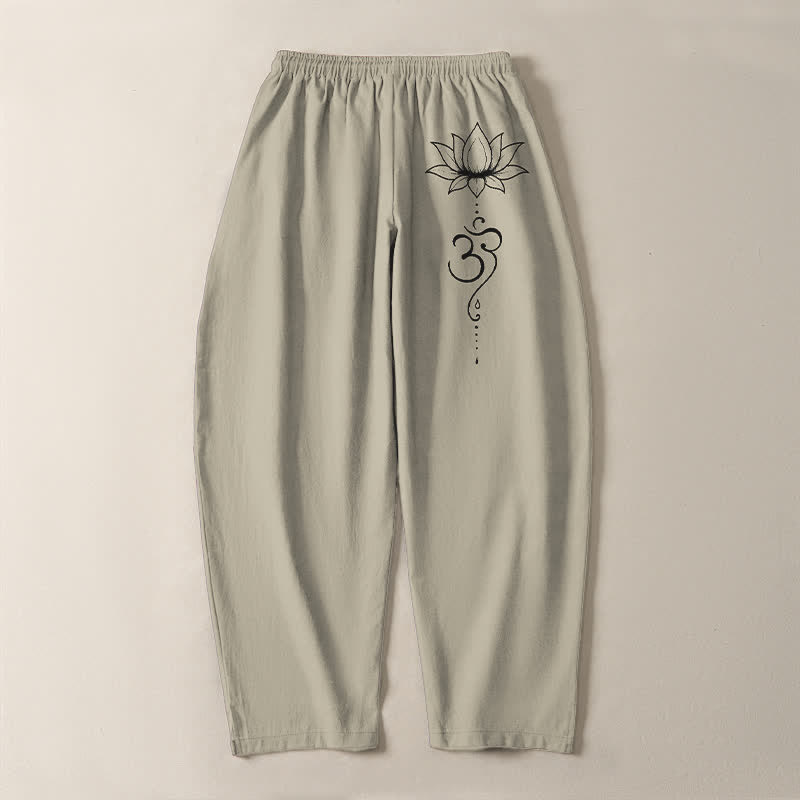 Buddha Stones Herrenhose aus reiner Baumwolle mit Lotus-Om-Muster, Kordelzug, schmal zulaufendem Schnitt und Taschen - image 3