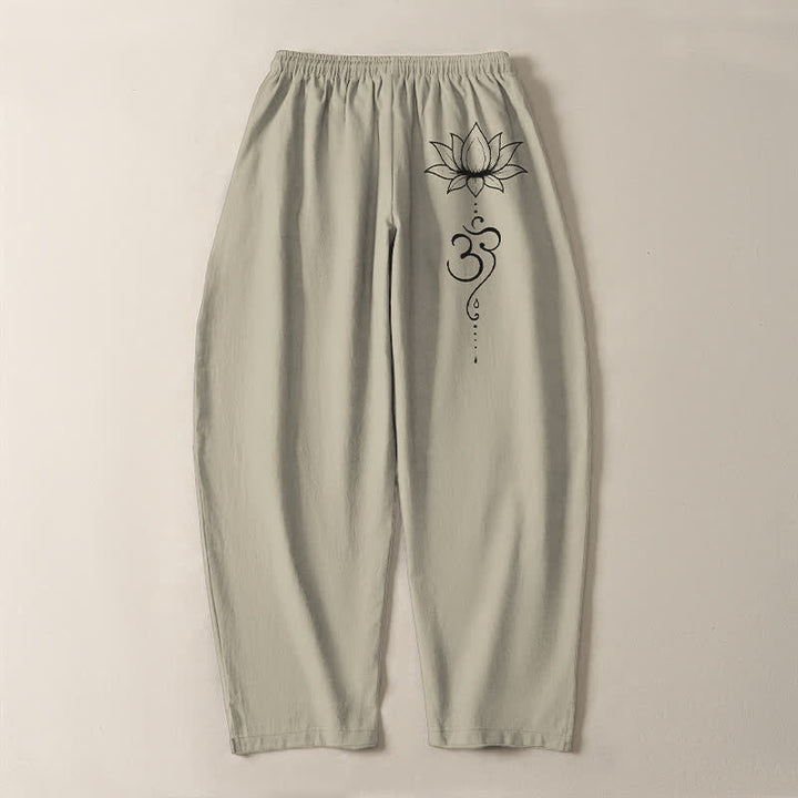 Buddha Stones Herrenhose aus reiner Baumwolle mit Lotus-Om-Muster, Kordelzug, schmal zulaufendem Schnitt und Taschen - image 3