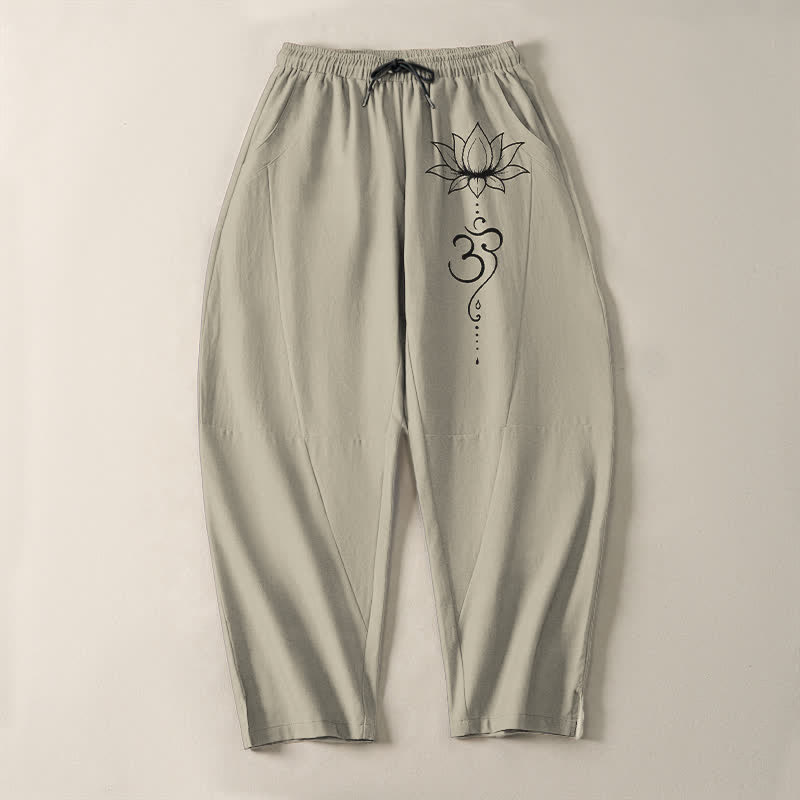 Buddha Stones Herrenhose aus reiner Baumwolle mit Lotus-Om-Muster, Kordelzug, schmal zulaufendem Schnitt und Taschen - image 2