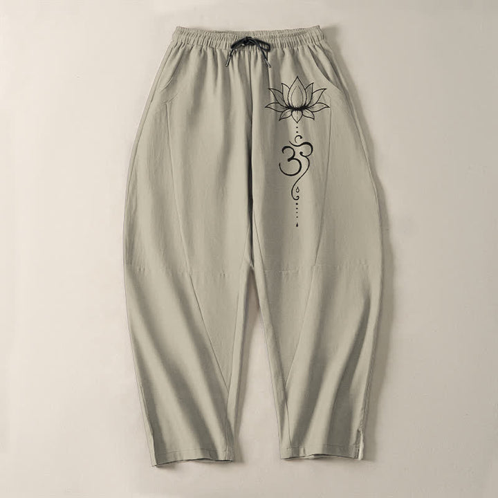 Buddha Stones Herrenhose aus reiner Baumwolle mit Lotus-Om-Muster, Kordelzug, schmal zulaufendem Schnitt und Taschen - image 2