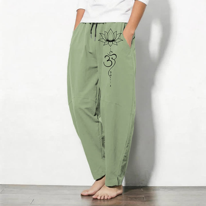 Buddha Stones Herrenhose aus reiner Baumwolle mit Lotus-Om-Muster, Kordelzug, schmal zulaufendem Schnitt und Taschen - image 8