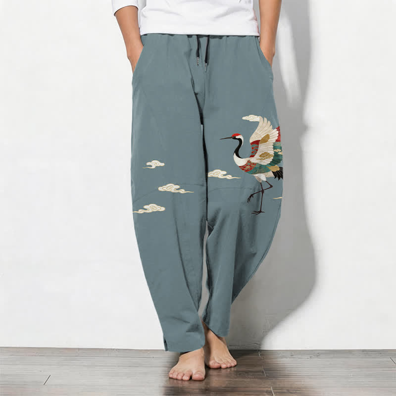 Buddha Stones Herrenhose aus reiner Baumwolle mit mehrfarbigem Kranich- und Wolkenmuster, Kordelzug, schmal zulaufendem Bein und Taschen - Hellblau - US/ UK/AU50, EU60 (5XL) - image 0