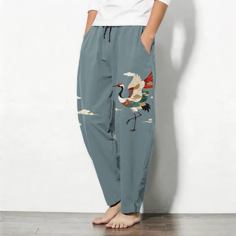 Buddha Stones Herrenhose aus reiner Baumwolle mit mehrfarbigem Kranich- und Wolkenmuster, Kordelzug, schmal zulaufendem Bein und Taschen - image 1