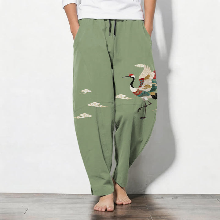 Buddha Stones Herrenhose aus reiner Baumwolle mit mehrfarbigem Kranich- und Wolkenmuster, Kordelzug, schmal zulaufendem Bein und Taschen - Dunkelmeergrün - US/ UK/AU50, EU60 (5XL) - image 7