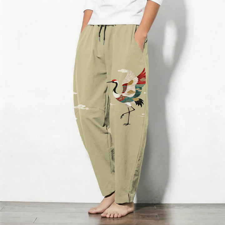 Buddha Stones Herrenhose aus reiner Baumwolle mit mehrfarbigem Kranich- und Wolkenmuster, Kordelzug, schmal zulaufendem Bein und Taschen - image 12