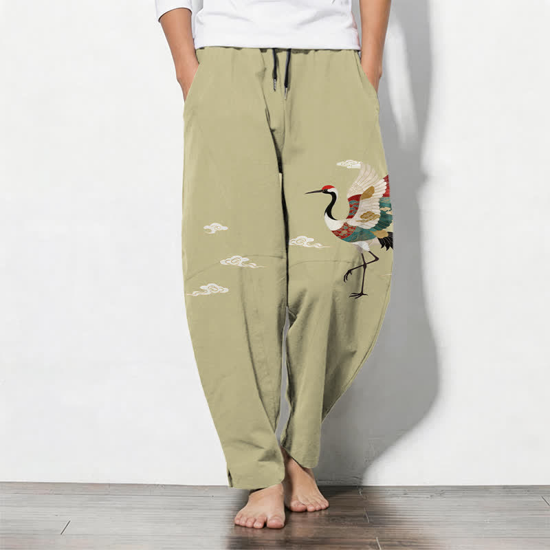 Buddha Stones Herrenhose aus reiner Baumwolle mit mehrfarbigem Kranich- und Wolkenmuster, Kordelzug, schmal zulaufendem Bein und Taschen - Dunkelkhaki - US/ UK/AU50, EU60 (5XL) - image 11