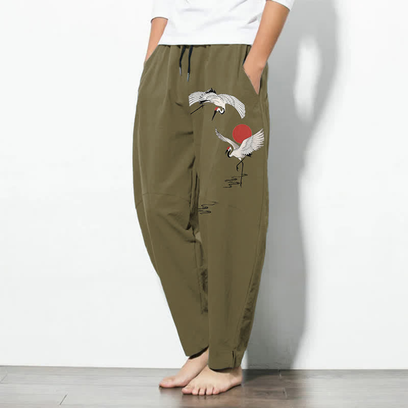 Buddha Stones Reine Baumwolle, Herrenhose mit Kranich- und Sonnenmuster, Kordelzug, schmal zulaufender Schnitt und Taschen - image 8