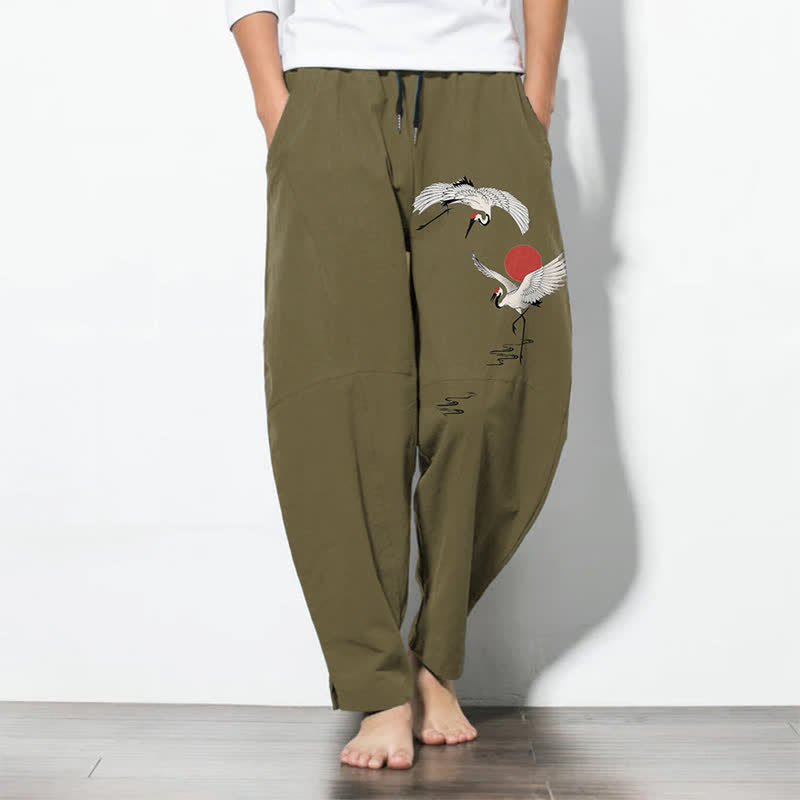 Buddha Stones Reine Baumwolle, Herrenhose mit Kranich- und Sonnenmuster, Kordelzug, schmal zulaufender Schnitt und Taschen - Olive - US/ UK/AU50, EU60 (5XL) - image 7