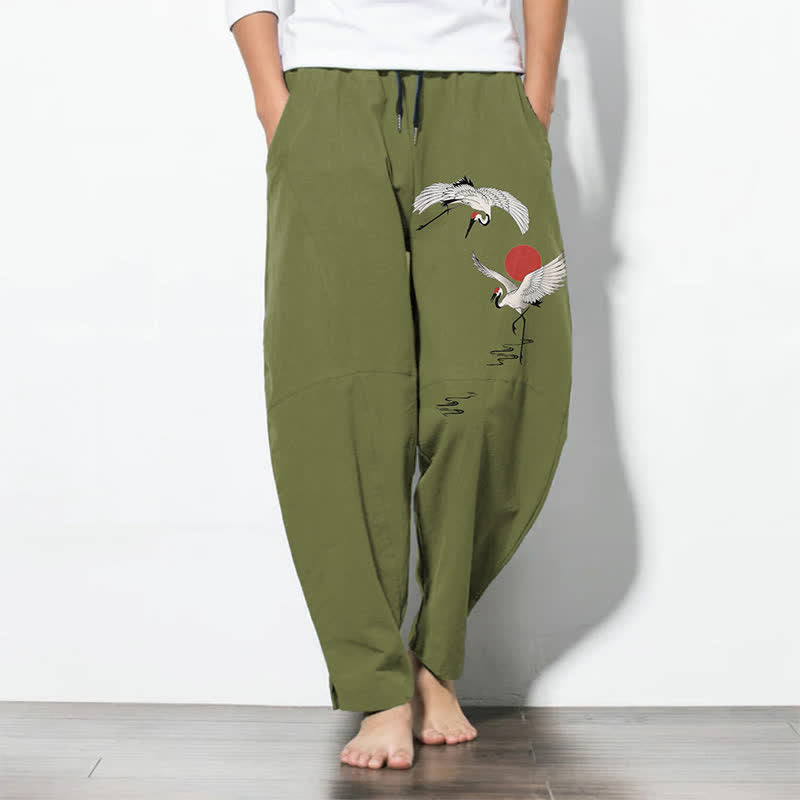 Buddha Stones Reine Baumwolle, Herrenhose mit Kranich- und Sonnenmuster, Kordelzug, schmal zulaufender Schnitt und Taschen - Olivgrün - US/ UK/AU50, EU60 (5XL) - image 11
