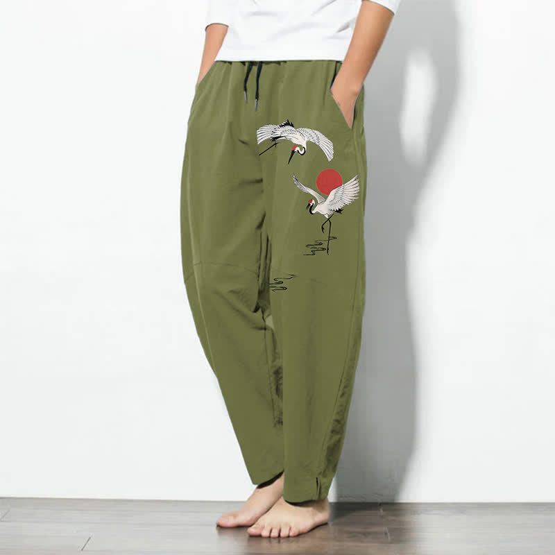 Buddha Stones Reine Baumwolle, Herrenhose mit Kranich- und Sonnenmuster, Kordelzug, schmal zulaufender Schnitt und Taschen - image 12