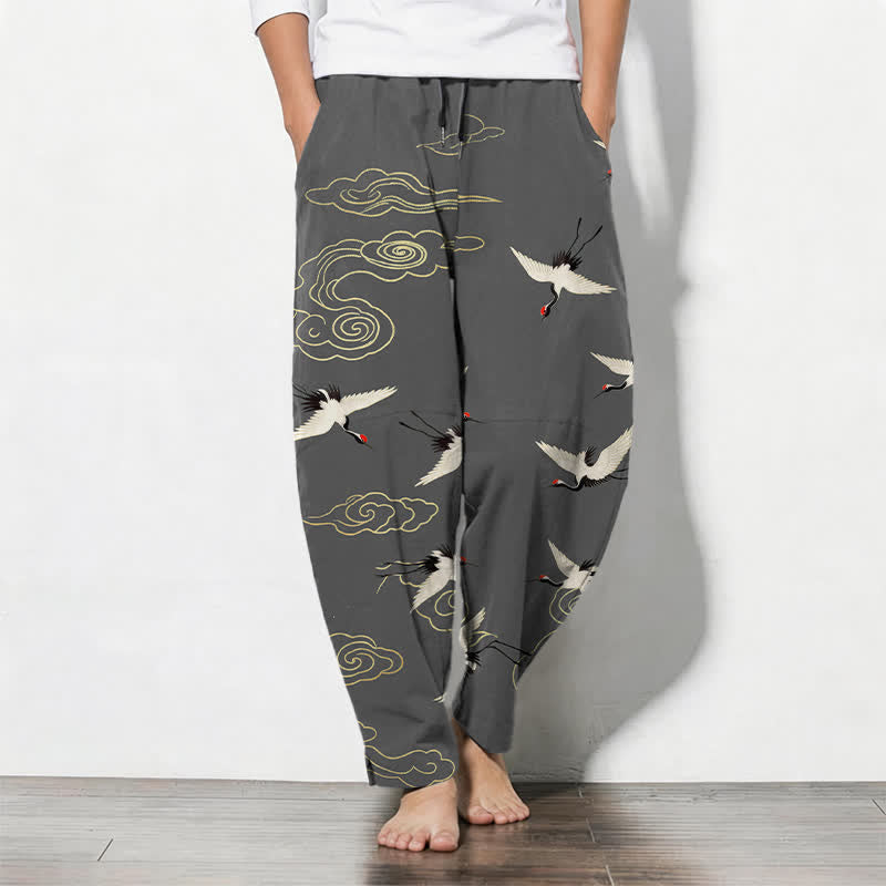 Buddha Stones Weiße Herrenhose aus reiner Baumwolle mit Kranich- und Wolkenmuster, Kordelzug, schmal zulaufendem Bein und Taschen - DimGray - US/ UK/AU50, EU60 (5XL) - image 0