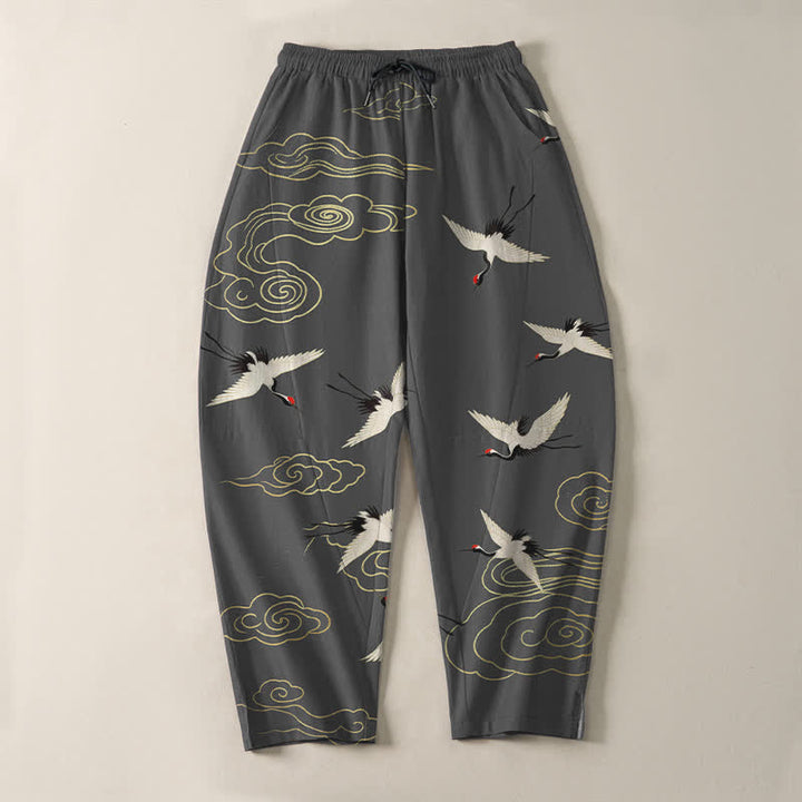 Buddha Stones Weiße Herrenhose aus reiner Baumwolle mit Kranich- und Wolkenmuster, Kordelzug, schmal zulaufendem Bein und Taschen - image 2
