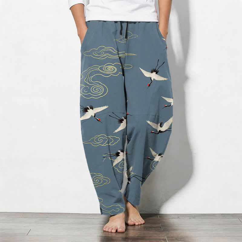 Buddha Stones Weiße Herrenhose aus reiner Baumwolle mit Kranich- und Wolkenmuster, Kordelzug, schmal zulaufendem Bein und Taschen - Hellstahlblau - US/ UK/AU50, EU60 (5XL) - image 7