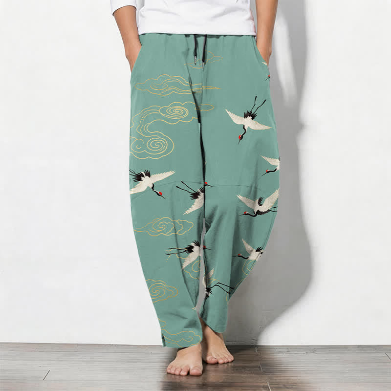 Buddha Stones Weiße Herrenhose aus reiner Baumwolle mit Kranich- und Wolkenmuster, Kordelzug, schmal zulaufendem Bein und Taschen - Aquamarin - US/ UK/AU50, EU60 (5XL) - image 11