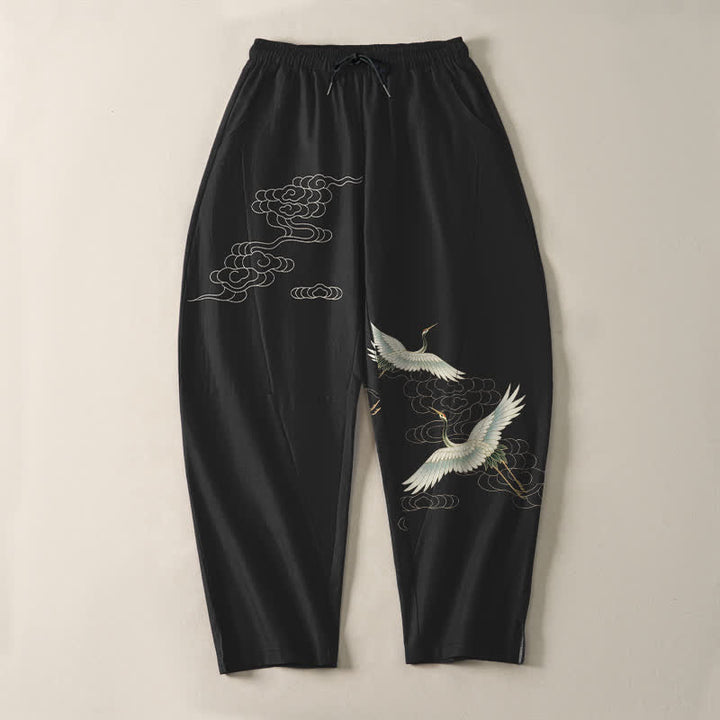 Buddha Stones Herrenhose aus reiner Baumwolle mit weißem Kranich- und Wolkenmuster, Kordelzug, schmal zulaufendem Bein und Taschen - image 2