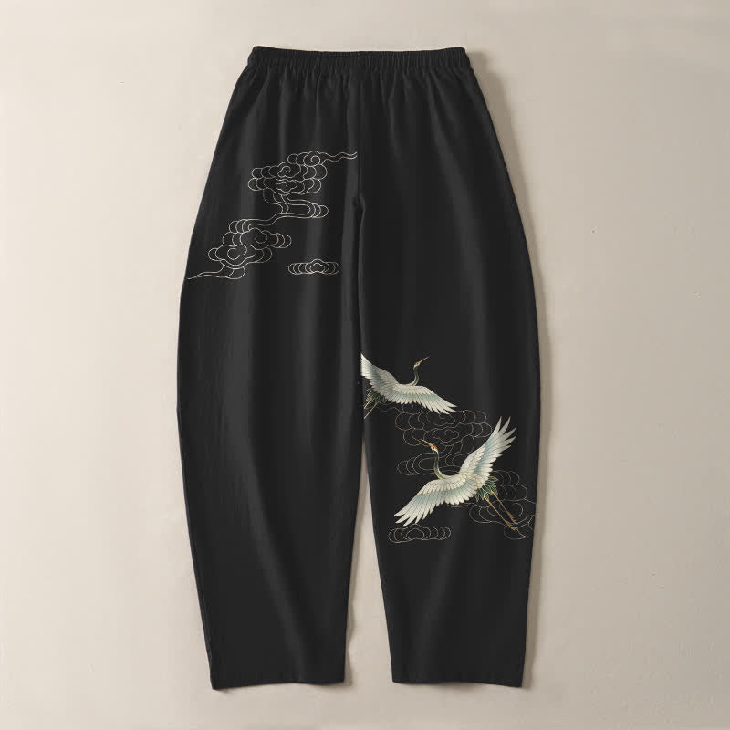 Buddha Stones Herrenhose aus reiner Baumwolle mit weißem Kranich- und Wolkenmuster, Kordelzug, schmal zulaufendem Bein und Taschen - image 3