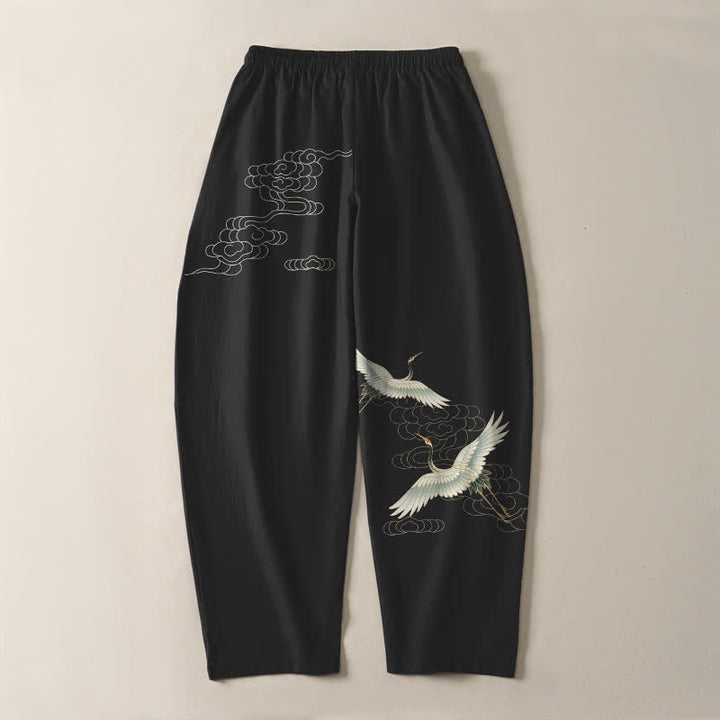 Buddha Stones Herrenhose aus reiner Baumwolle mit weißem Kranich- und Wolkenmuster, Kordelzug, schmal zulaufendem Bein und Taschen - image 3