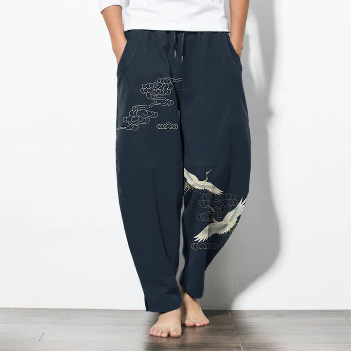Buddha Stones Herrenhose aus reiner Baumwolle mit weißem Kranich- und Wolkenmuster, Kordelzug, schmal zulaufendem Bein und Taschen - Marine - US/ UK/AU50, EU60 (5XL) - image 7