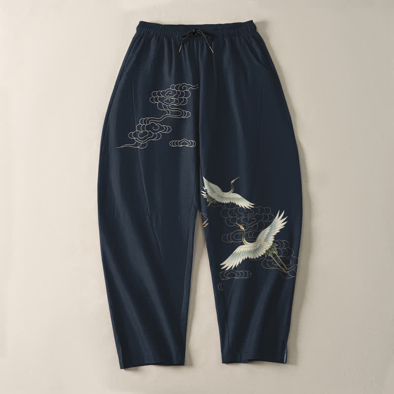 Buddha Stones Herrenhose aus reiner Baumwolle mit weißem Kranich- und Wolkenmuster, Kordelzug, schmal zulaufendem Bein und Taschen - image 9