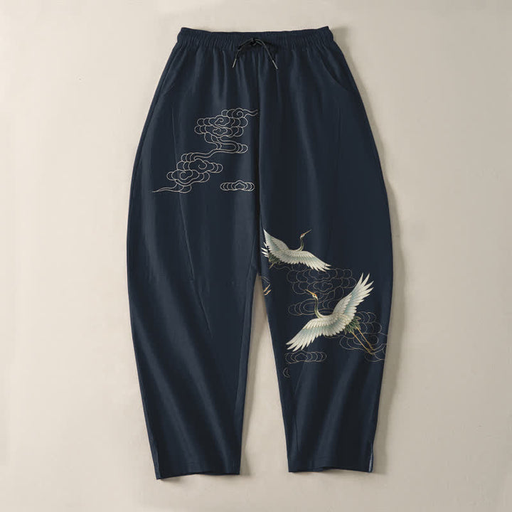 Buddha Stones Herrenhose aus reiner Baumwolle mit weißem Kranich- und Wolkenmuster, Kordelzug, schmal zulaufendem Bein und Taschen - image 9