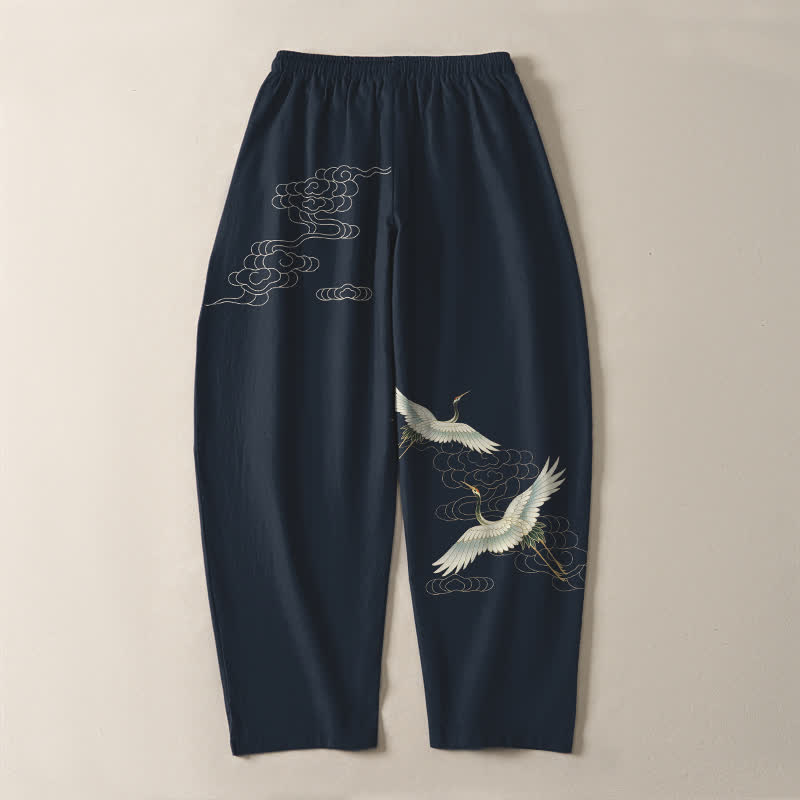 Buddha Stones Herrenhose aus reiner Baumwolle mit weißem Kranich- und Wolkenmuster, Kordelzug, schmal zulaufendem Bein und Taschen - image 10