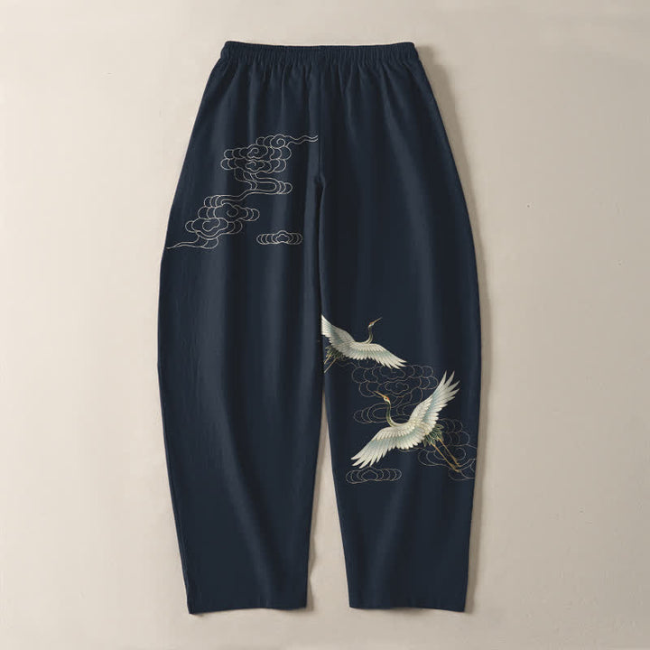 Buddha Stones Herrenhose aus reiner Baumwolle mit weißem Kranich- und Wolkenmuster, Kordelzug, schmal zulaufendem Bein und Taschen - image 10