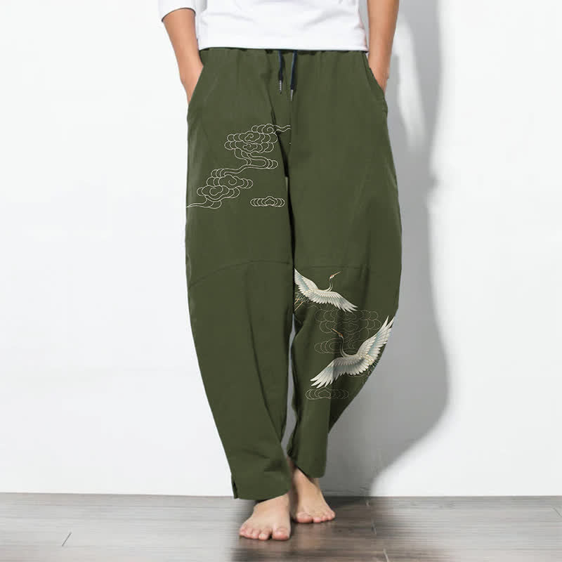 Buddha Stones Herrenhose aus reiner Baumwolle mit weißem Kranich- und Wolkenmuster, Kordelzug, schmal zulaufendem Bein und Taschen - Dunkelolivgrün - US/ UK/AU50, EU60 (5XL) - image 11