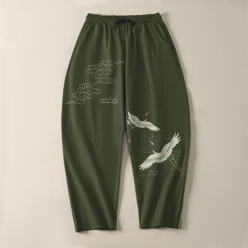 Buddha Stones Herrenhose aus reiner Baumwolle mit weißem Kranich- und Wolkenmuster, Kordelzug, schmal zulaufendem Bein und Taschen - image 13