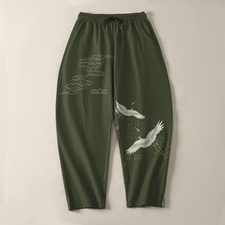 Buddha Stones Herrenhose aus reiner Baumwolle mit weißem Kranich- und Wolkenmuster, Kordelzug, schmal zulaufendem Bein und Taschen - image 13