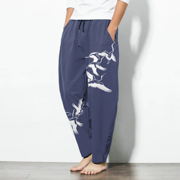 Buddha Stones Herrenhose aus reiner Baumwolle mit Kranichmuster, Kordelzug, schmal zulaufendem Bein und Taschen - image 1
