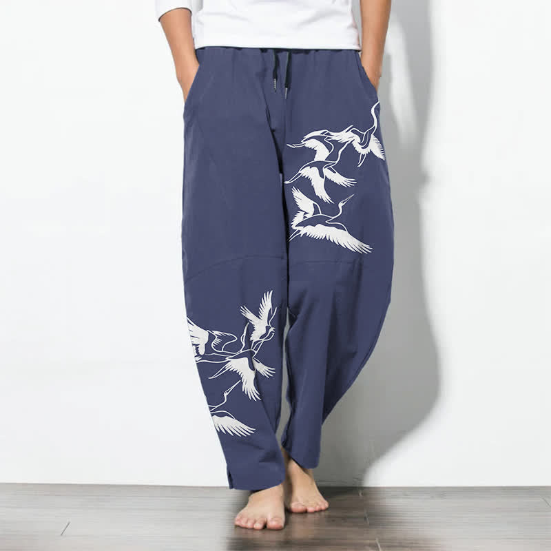Buddha Stones Herrenhose aus reiner Baumwolle mit Kranichmuster, Kordelzug, schmal zulaufendem Bein und Taschen - SteelBlue - US/ UK/AU50, EU60 (5XL) - image 0
