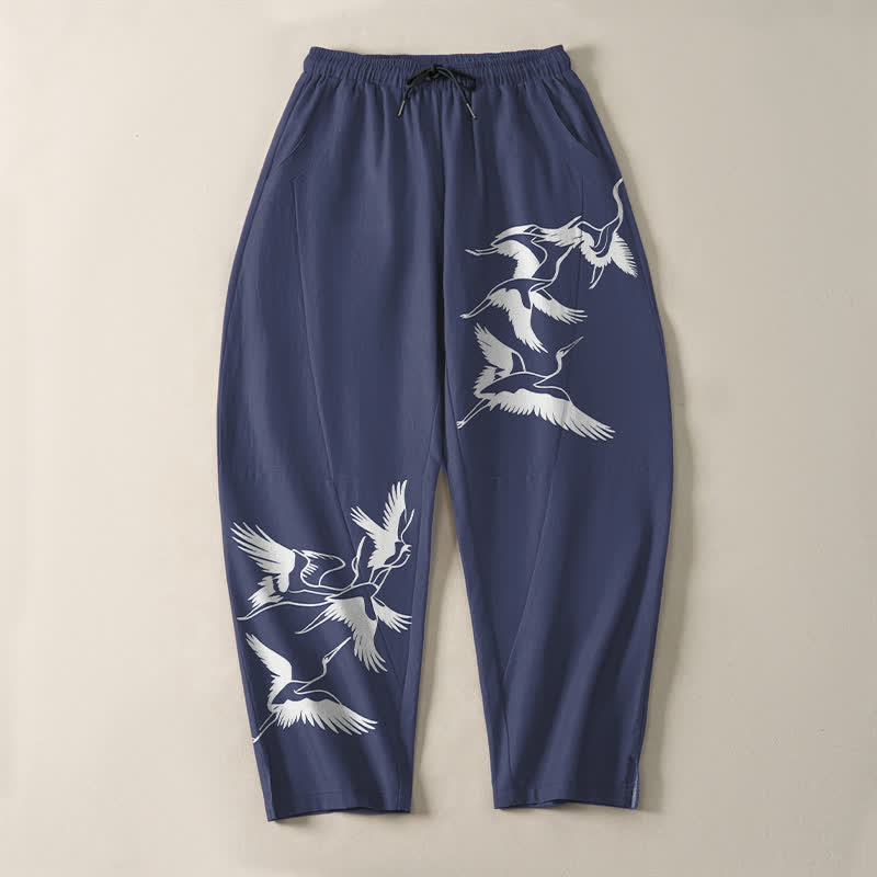 Buddha Stones Herrenhose aus reiner Baumwolle mit Kranichmuster, Kordelzug, schmal zulaufendem Bein und Taschen - image 2