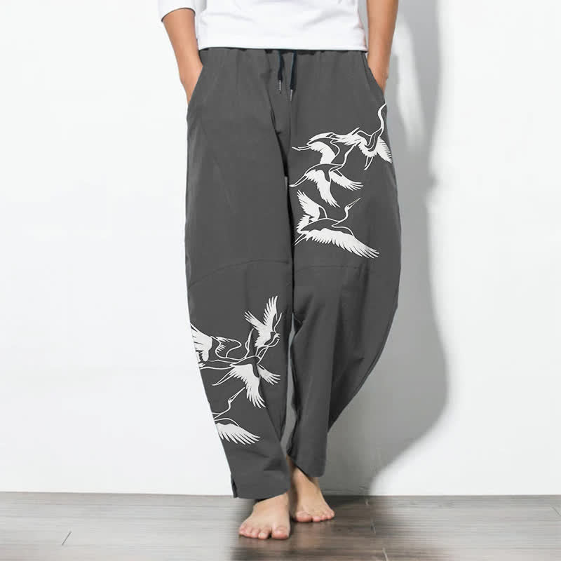 Buddha Stones Herrenhose aus reiner Baumwolle mit Kranichmuster, Kordelzug, schmal zulaufendem Bein und Taschen - DimGray - US/ UK/AU50, EU60 (5XL) - image 7