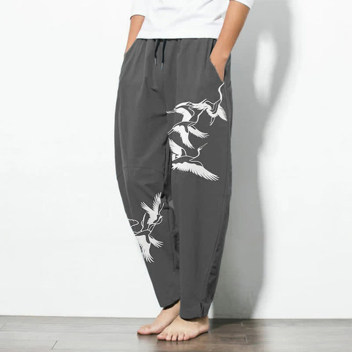 Buddha Stones Herrenhose aus reiner Baumwolle mit Kranichmuster, Kordelzug, schmal zulaufendem Bein und Taschen - image 8