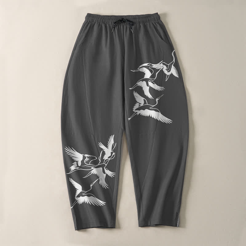Buddha Stones Herrenhose aus reiner Baumwolle mit Kranichmuster, Kordelzug, schmal zulaufendem Bein und Taschen - image 9