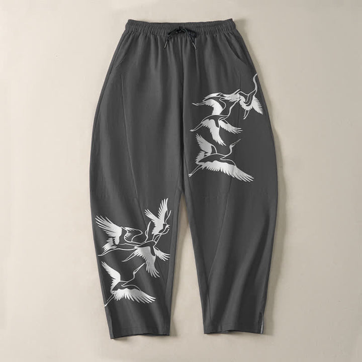 Buddha Stones Herrenhose aus reiner Baumwolle mit Kranichmuster, Kordelzug, schmal zulaufendem Bein und Taschen - image 9