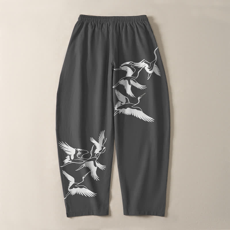 Buddha Stones Herrenhose aus reiner Baumwolle mit Kranichmuster, Kordelzug, schmal zulaufendem Bein und Taschen - image 10