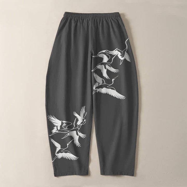 Buddha Stones Herrenhose aus reiner Baumwolle mit Kranichmuster, Kordelzug, schmal zulaufendem Bein und Taschen - image 10