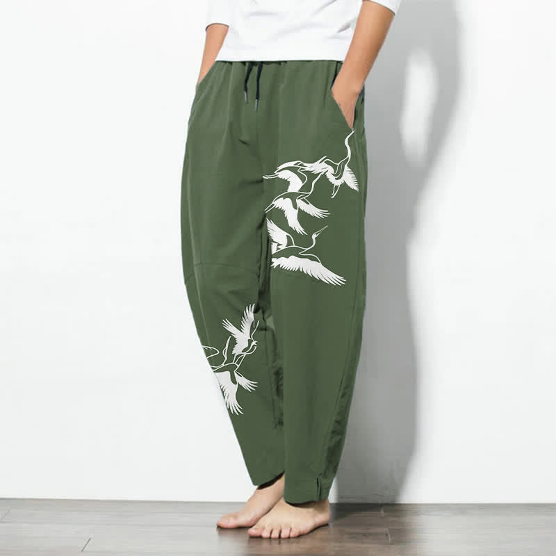 Buddha Stones Herrenhose aus reiner Baumwolle mit Kranichmuster, Kordelzug, schmal zulaufendem Bein und Taschen - image 12