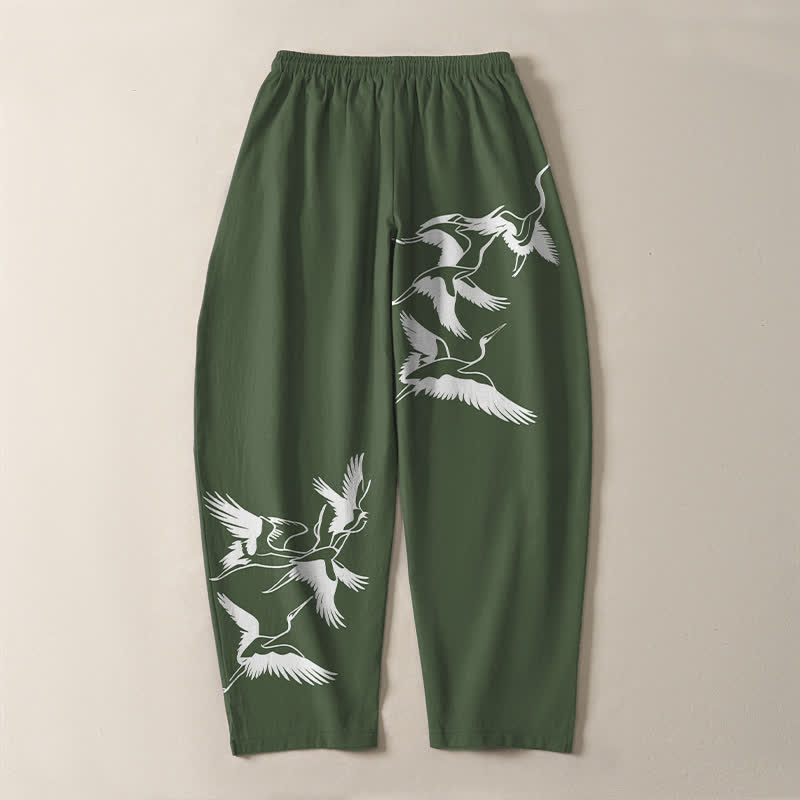 Buddha Stones Herrenhose aus reiner Baumwolle mit Kranichmuster, Kordelzug, schmal zulaufendem Bein und Taschen - image 14