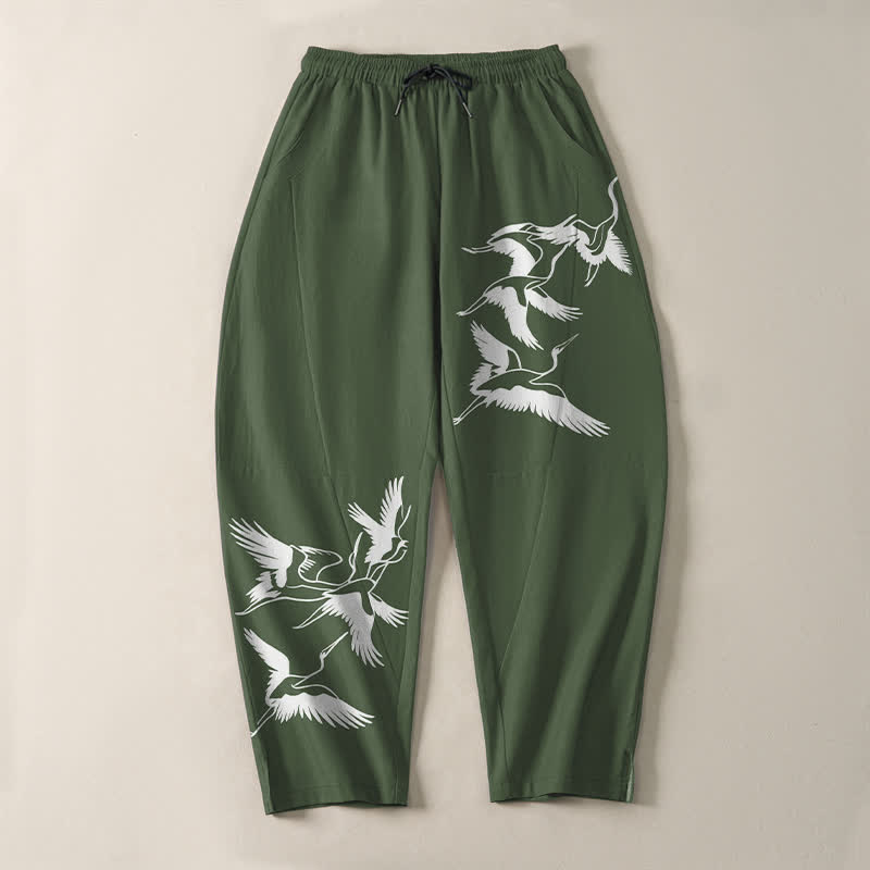 Buddha Stones Herrenhose aus reiner Baumwolle mit Kranichmuster, Kordelzug, schmal zulaufendem Bein und Taschen - image 13
