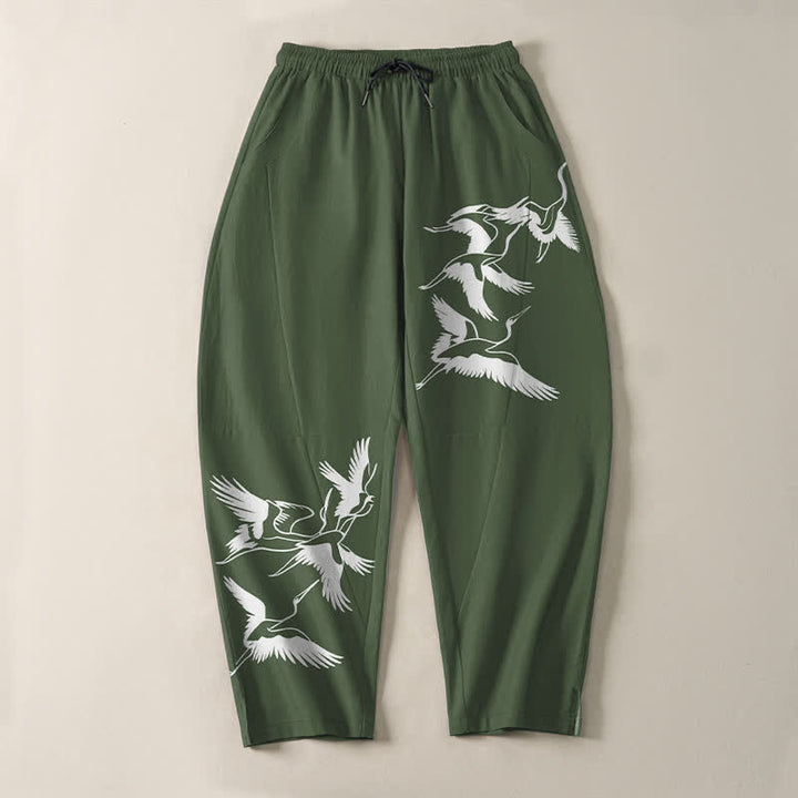 Buddha Stones Herrenhose aus reiner Baumwolle mit Kranichmuster, Kordelzug, schmal zulaufendem Bein und Taschen - image 13