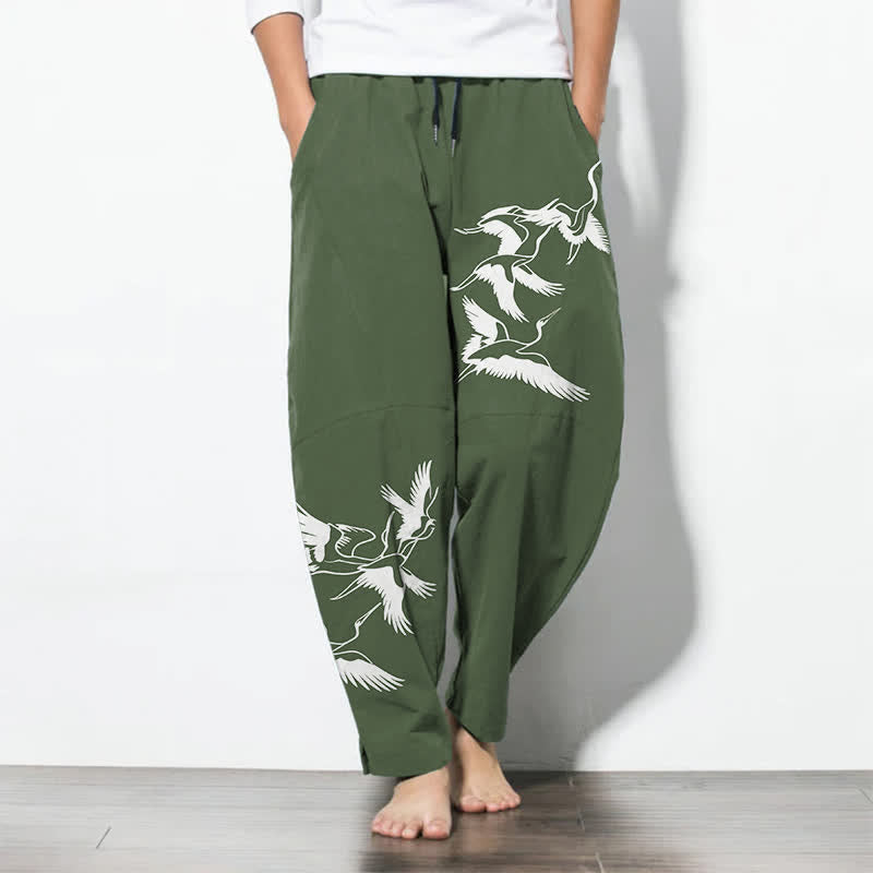 Buddha Stones Herrenhose aus reiner Baumwolle mit Kranichmuster, Kordelzug, schmal zulaufendem Bein und Taschen - Dunkelolivgrün - US/ UK/AU50, EU60 (5XL) - image 11