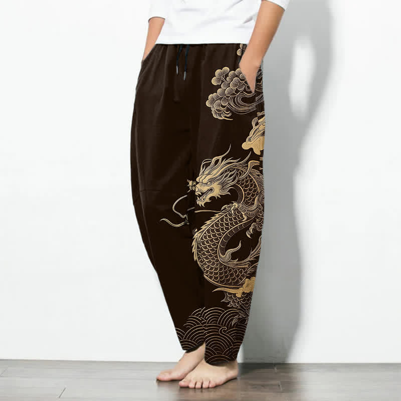 Buddha Stones Herrenhose aus reiner Baumwolle mit goldenem Drachen- und Wolkenmuster, Kordelzug, schmal zulaufendem Schnitt und Taschen - image 1