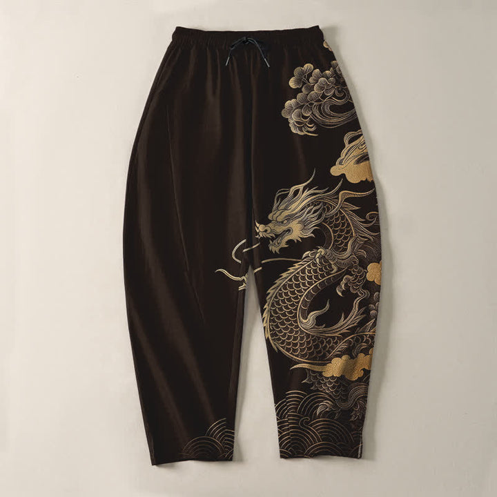 Buddha Stones Herrenhose aus reiner Baumwolle mit goldenem Drachen- und Wolkenmuster, Kordelzug, schmal zulaufendem Schnitt und Taschen - image 3