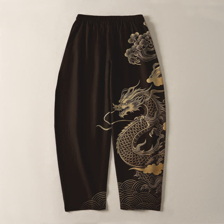 Buddha Stones Herrenhose aus reiner Baumwolle mit goldenem Drachen- und Wolkenmuster, Kordelzug, schmal zulaufendem Schnitt und Taschen - image 2